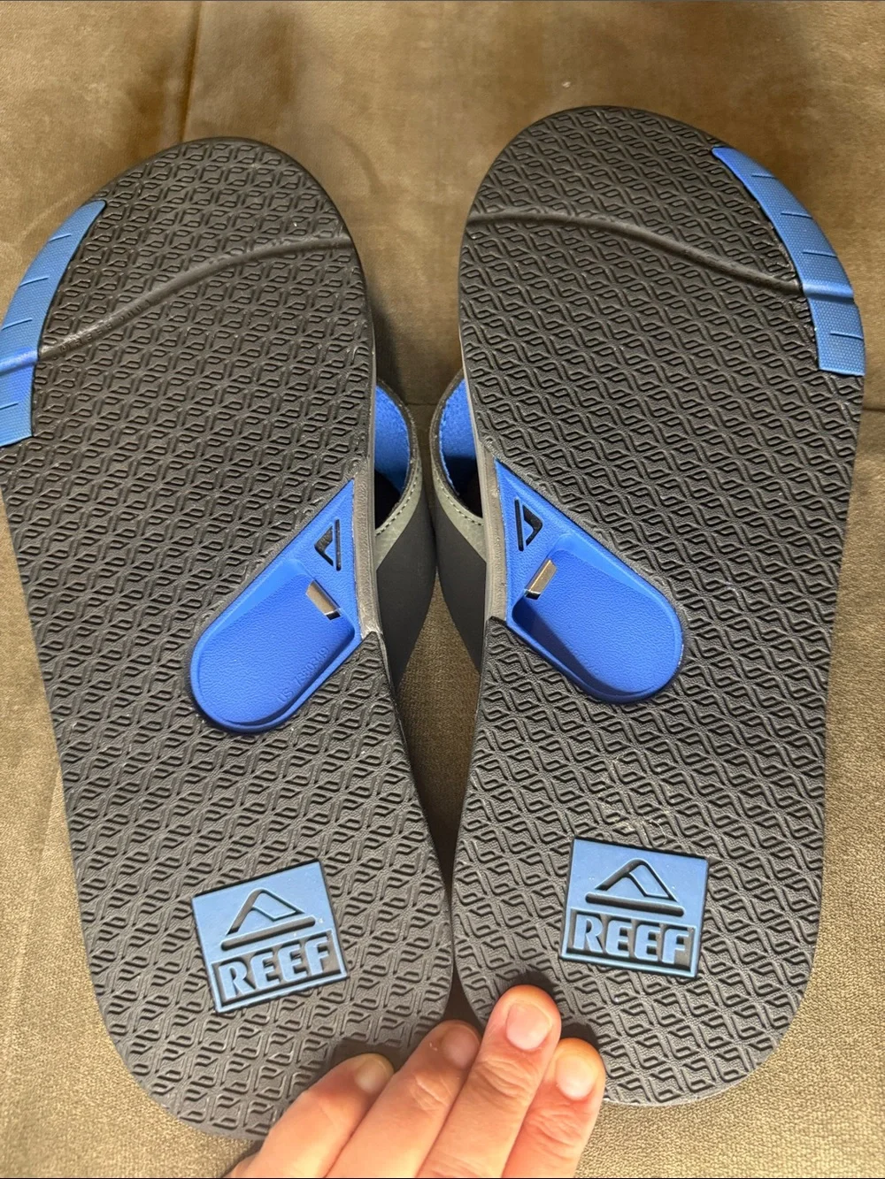 Reef Fanning Men's Gray and Blue Flip-Flop Sandals with bottle opener on sole